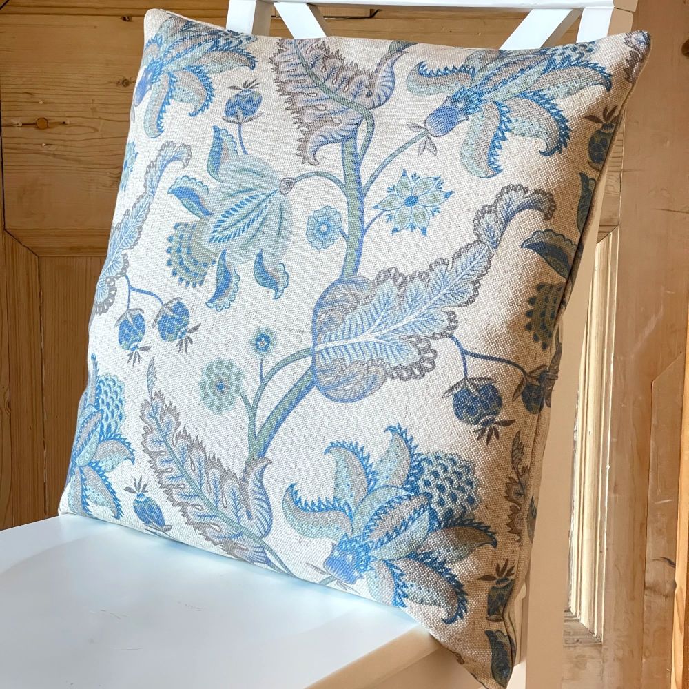 Linen mix Mediterranean Garden Cushion - Vintage White, Blue & Green