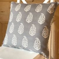 Linen mix Block Print Botanical Cushion - Grey & Antique White