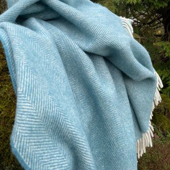 Herringbone Pure New Wool Sea Blue Throw Blanket