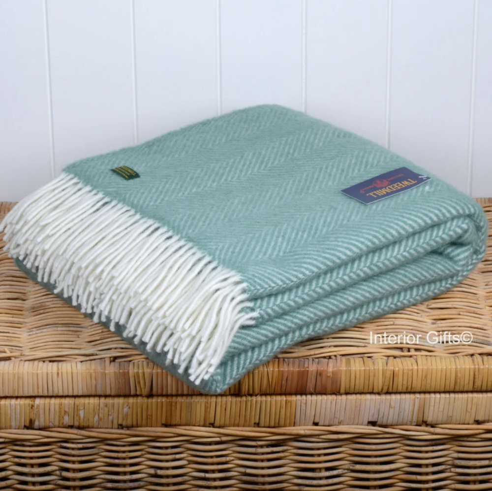 Tweedmill Aqua Green Herringbone Pure New Wool Throw Blanket 150 x183 cm