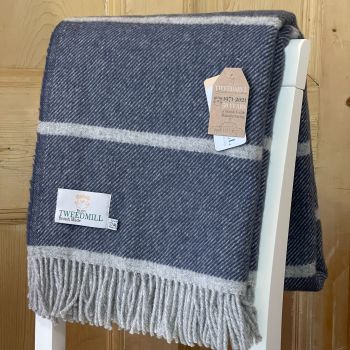 Tweedmill Broad Stripe Slate Blue Knee Rug or Small Blanket Pure New Wool