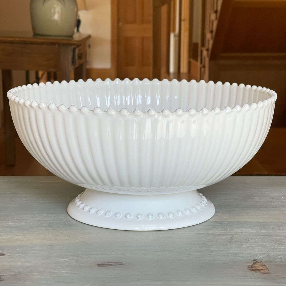 Large White Footed Fruit Bowl or Table Centerpiece Bowl in ceramic