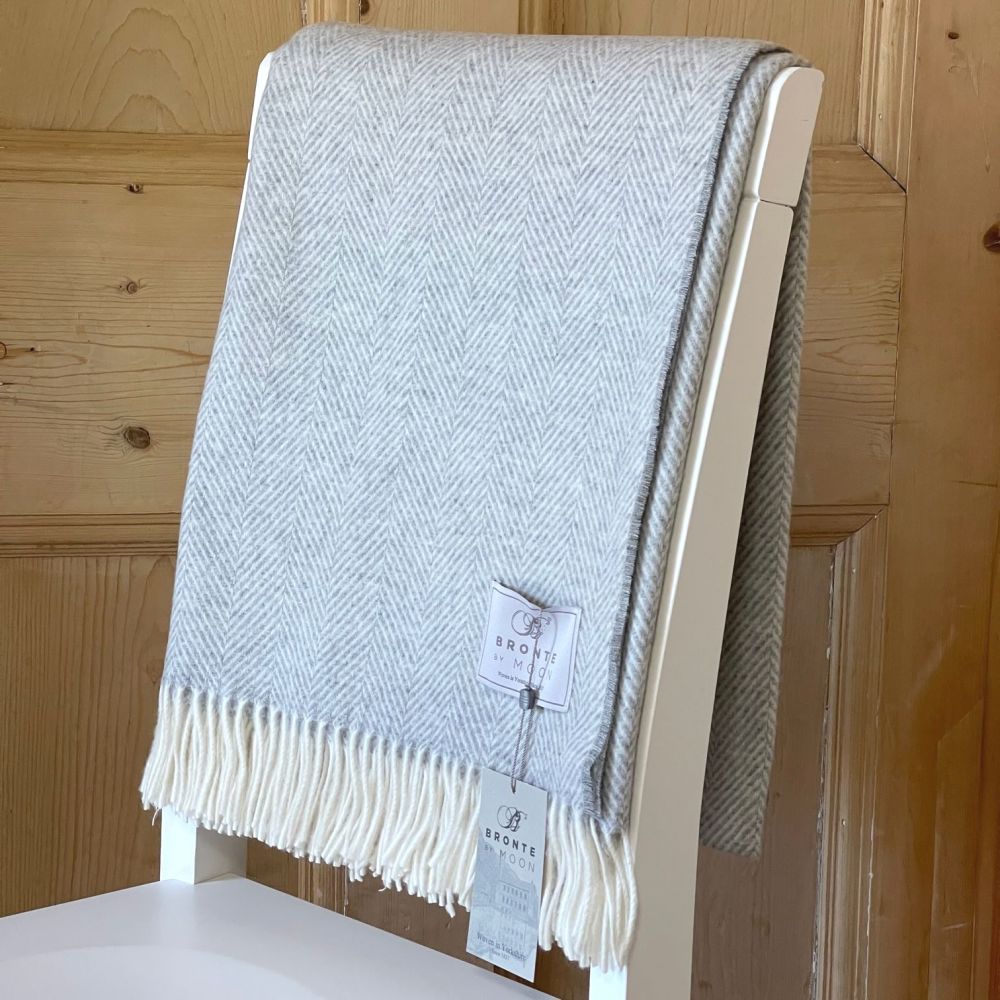 BRONTE by Moon Herringbone Silver Grey Throw in super soft Merino Lambswool