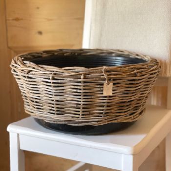 Rattan Wicker Basket Low Planter hard plastic liner - Natural - 22 cm H x 47 Diam