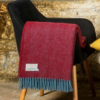 Tweedmill Strawberry & Petrol Blue Herringbone Pure New Wool Knee Rug / Small Blanket