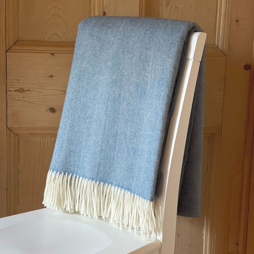 Herringbone Lambswool Aqua Blue & Cream Pure New Wool Throw Blanket