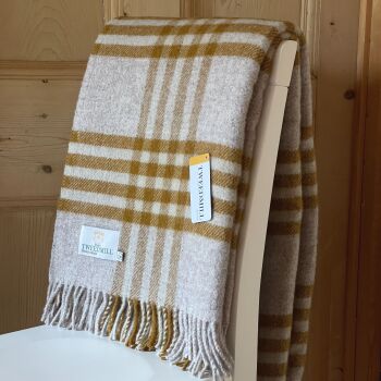Tweedmill Beige & Ochre Check Pure New Wool Throw/Blanket - Extra Large