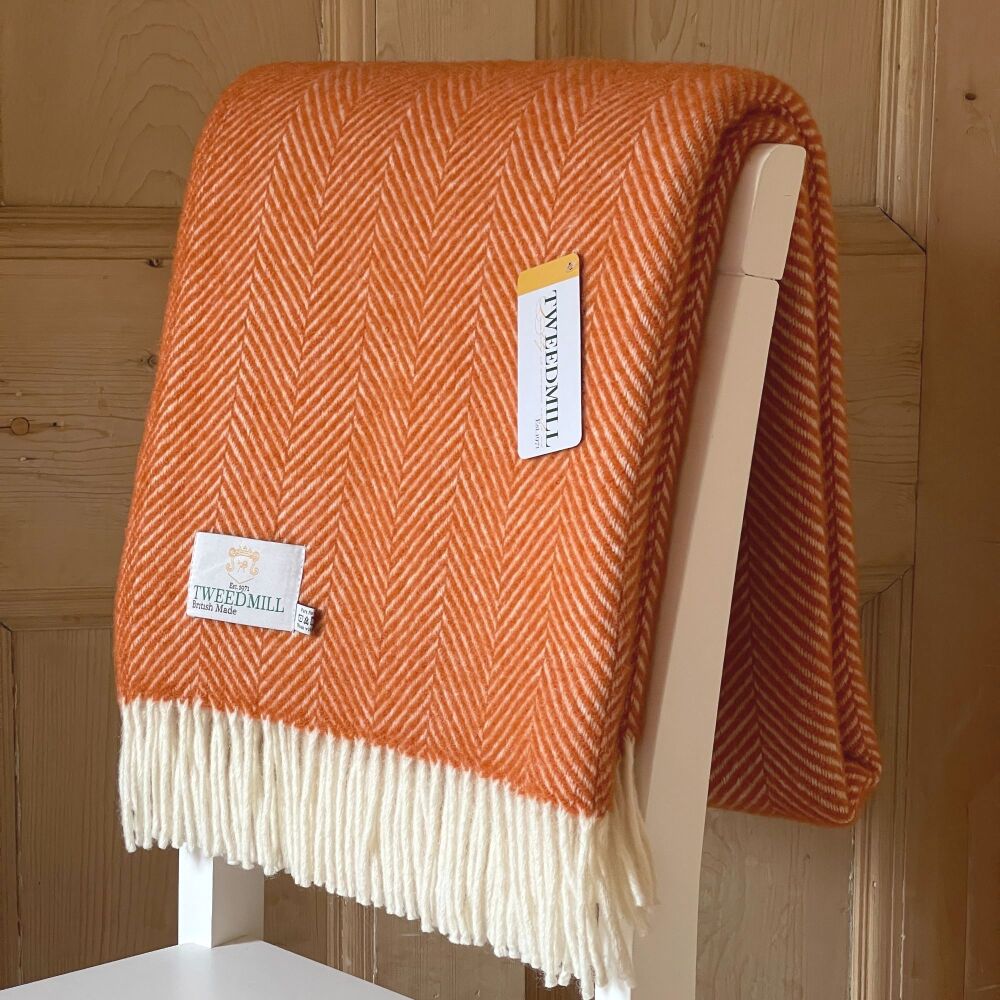Tweedmill Cinnamon Orange Herringbone Pure New Wool Throw Blanket