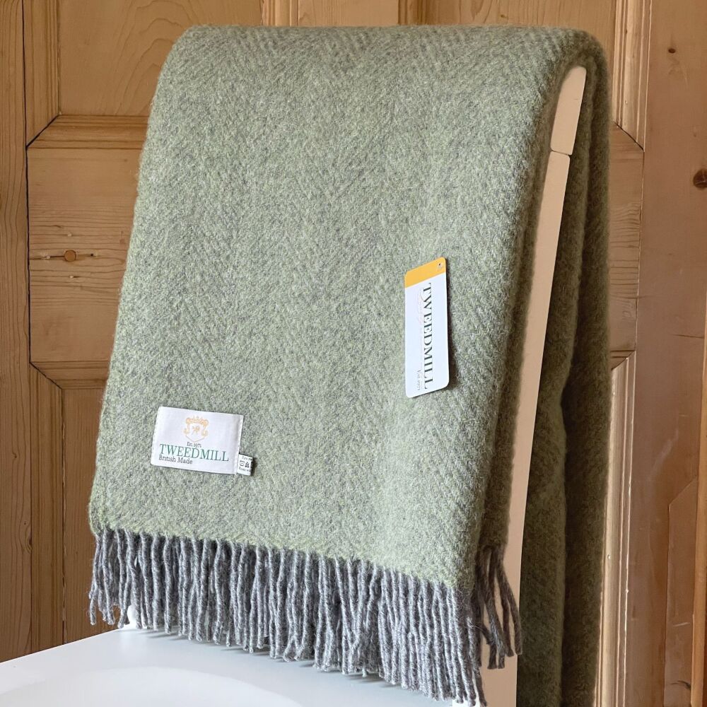 Tweedmill Herringbone Fern Green/Grey Pure New Wool Throw/Blanket - Extra L