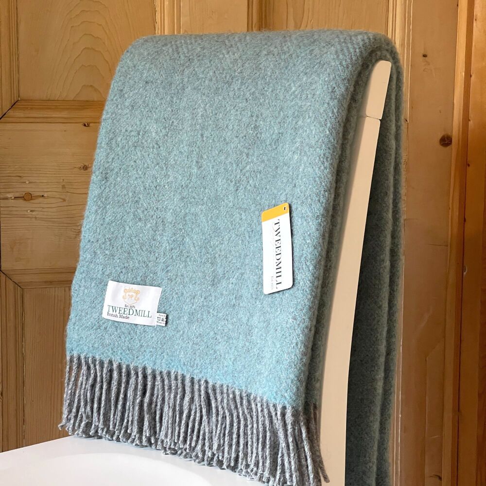 Tweedmill Herringbone Spearment/Grey Pure New Wool Throw/Blanket - Extra La
