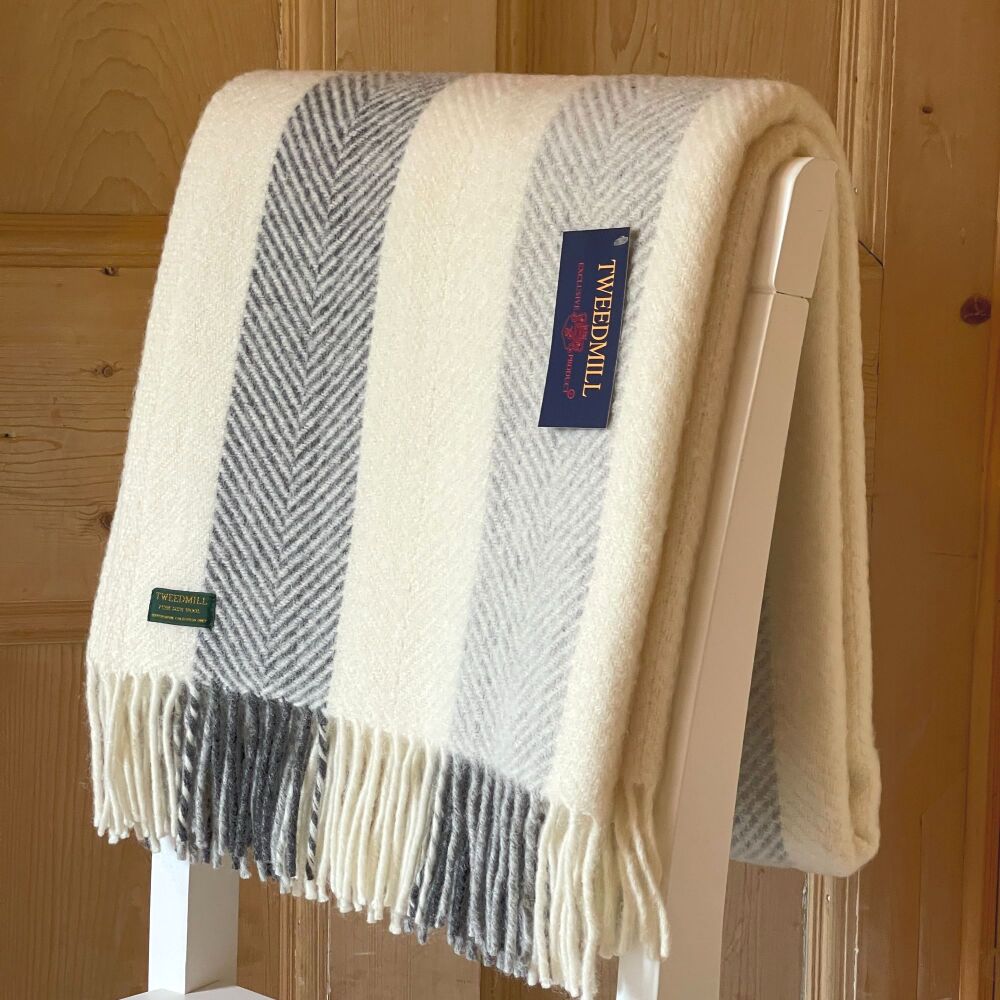 Tweedmill Herringbone Stripe Charcoal/Grey/Cream Pure New Wool Throw Blanke