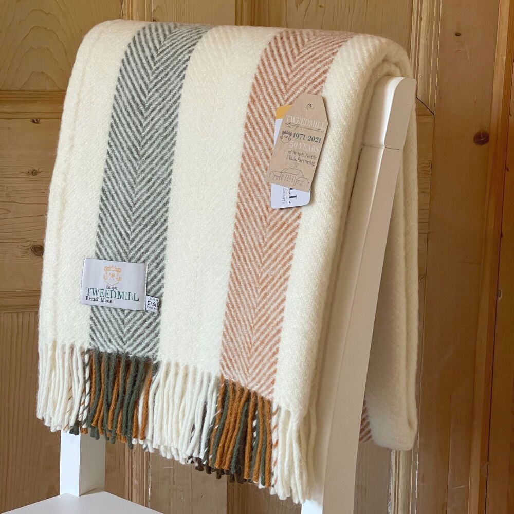 Tweedmill Herringbone Stripe Woodland Cream Pure New Wool Throw Blanket