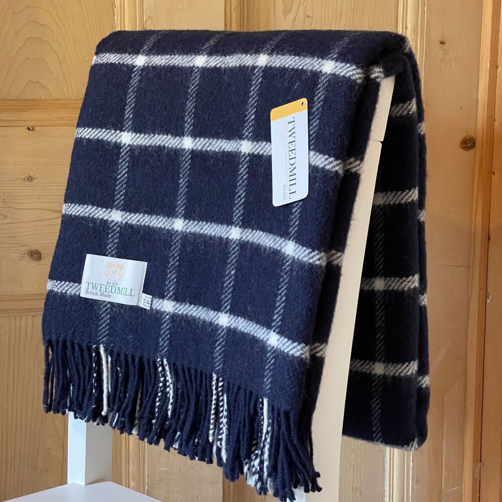 Tweedmill Navy & Chalk Classic Check Windowpane Pure New Wool Throw Blanket
