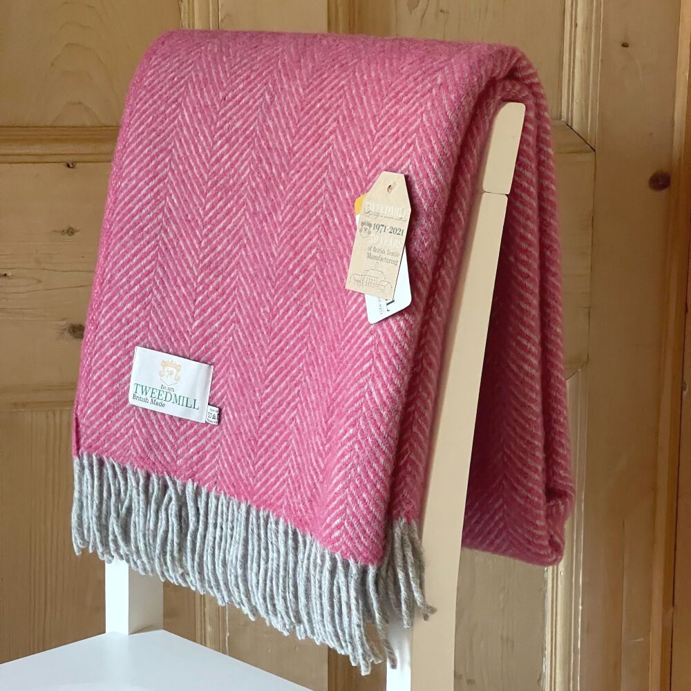 Tweedmill Pink & Silver Herringbone Pure New Wool Throw Blanket