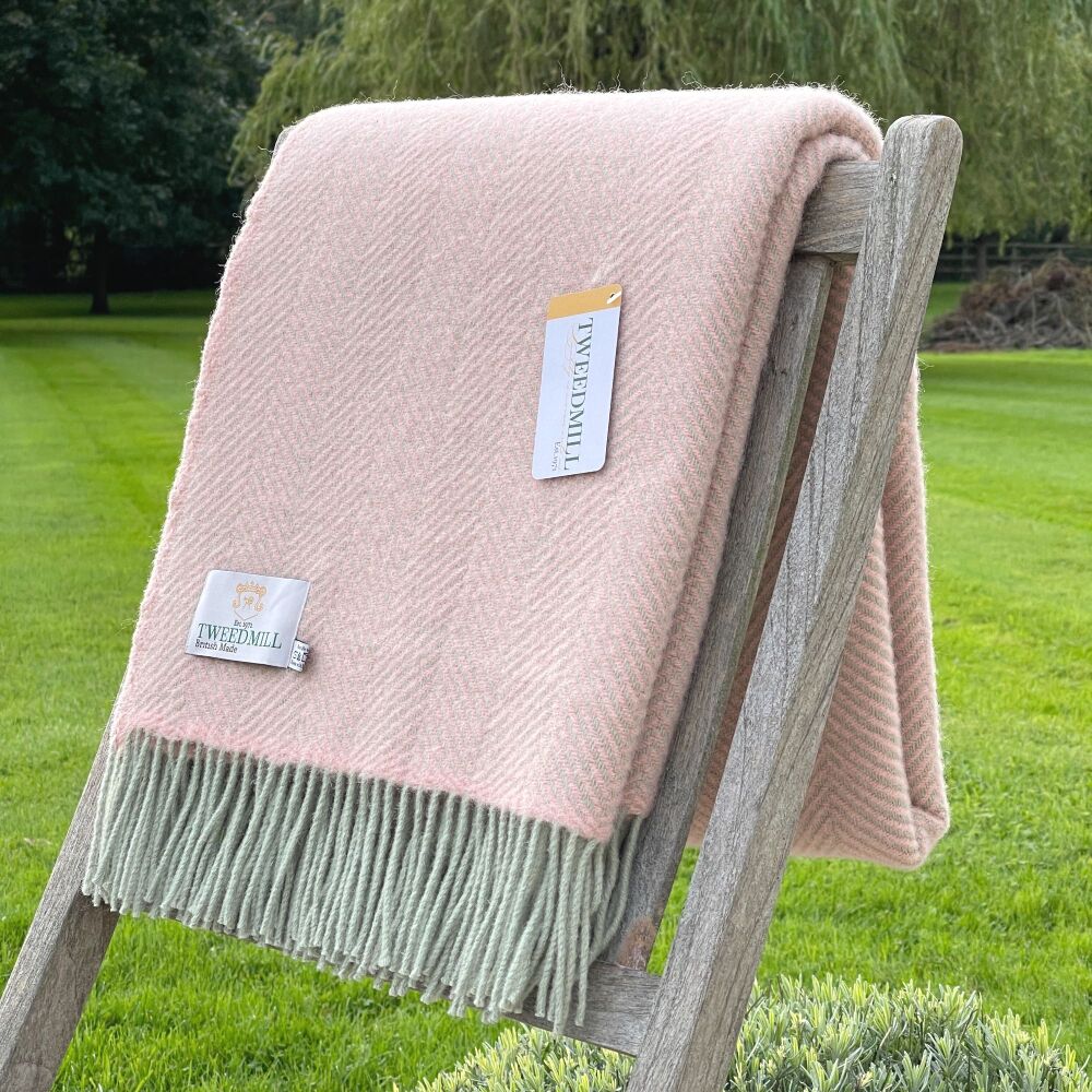 Tweedmill Pale Pink & Fern Herringbone Pure New Wool Throw Blanket