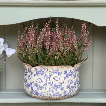 Botanical Scallop Edge Ceramic Plant Pot Planter Blue & White - Medium
