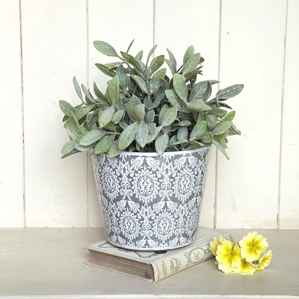 Old Dutch Style Plant Pot in Damask  - Vintage Grey & White