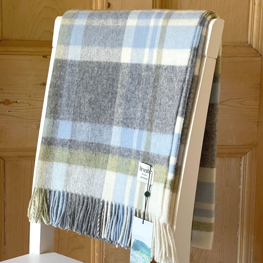 BRONTE by Moon Portree Shetland Wool Throw/Blanket - Duck Egg Blue & Grey