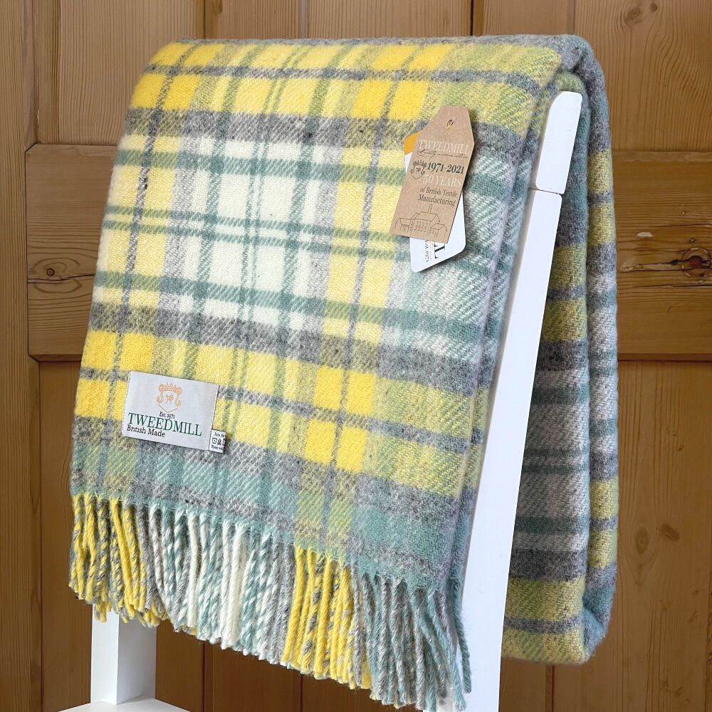 Tweedmill Country Cottage Check Ocean / Yellow Pure New Wool Throw Blanket