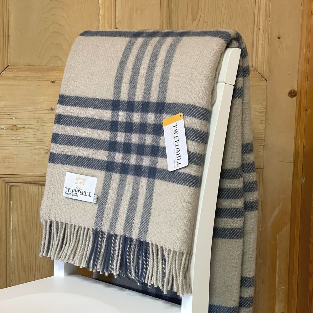 Tweedmill Blue Slate & Beige Check Pure New Wool Throw/Blanket - Extra Larg