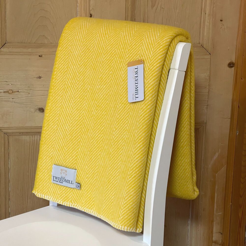 Tweedmill Blanket Stitch Herringbone Dandelion Yellow Pure New Wool Throw B
