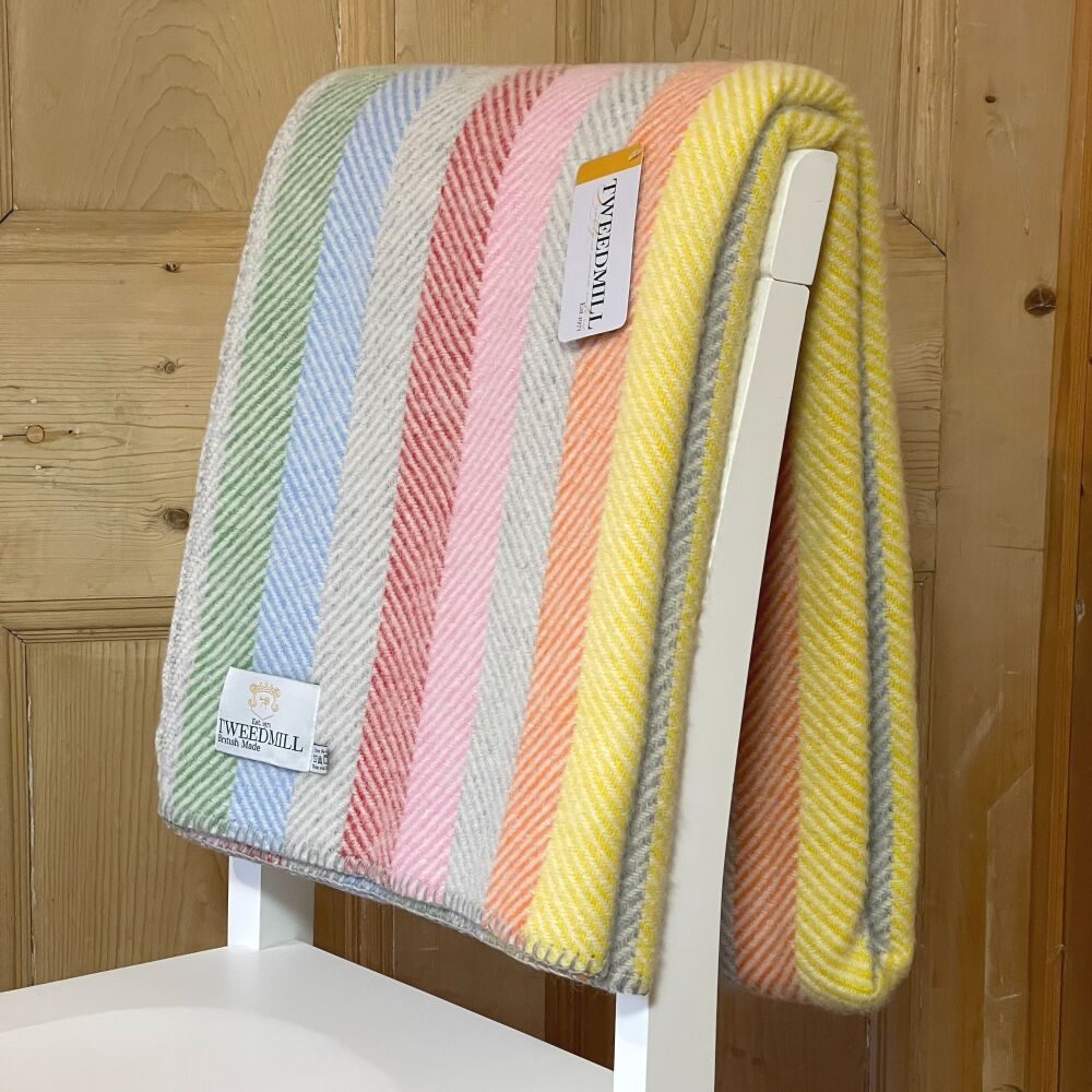 Tweedmill Blanket Stitch Rainbow Herringbone Stripe  Pure New Wool Throw Bl