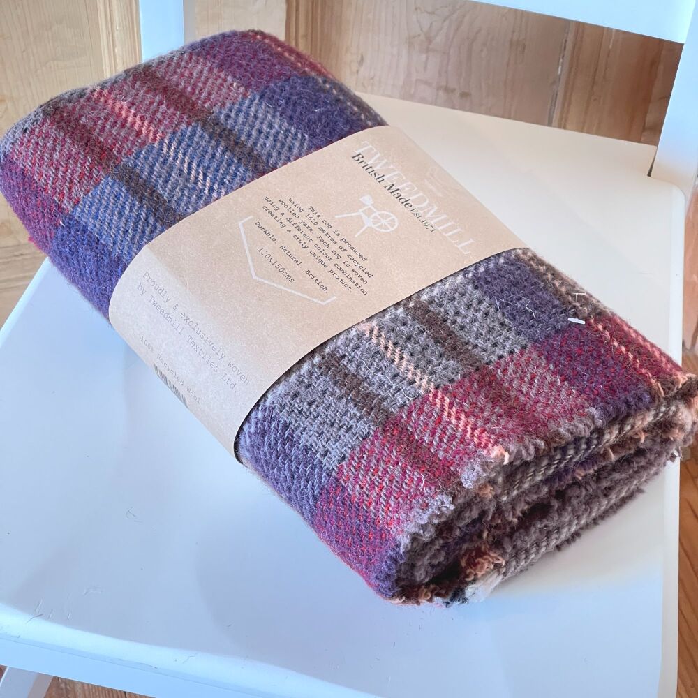 Woollen Recycled Throw / Blanket / Picnic Rug in Blue/Grey/Purple/Red Mix