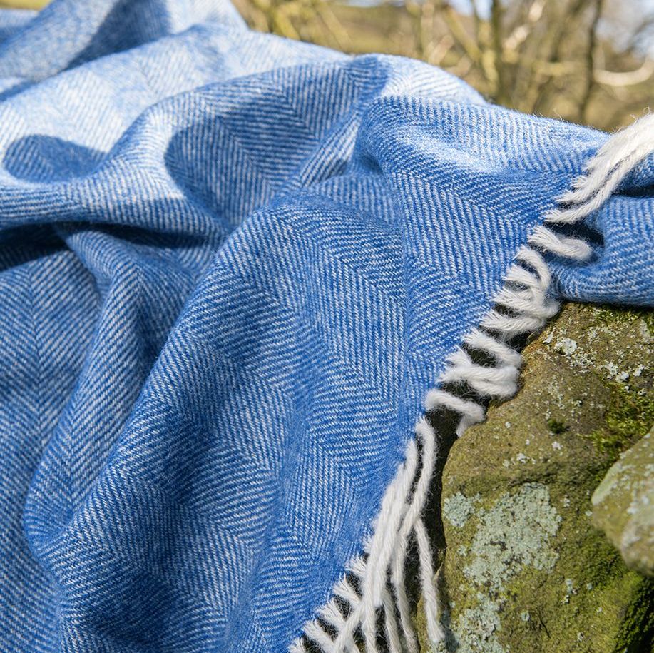 Herringbone Lambswool True Blue & Cream Pure New Wool Throw Blanket