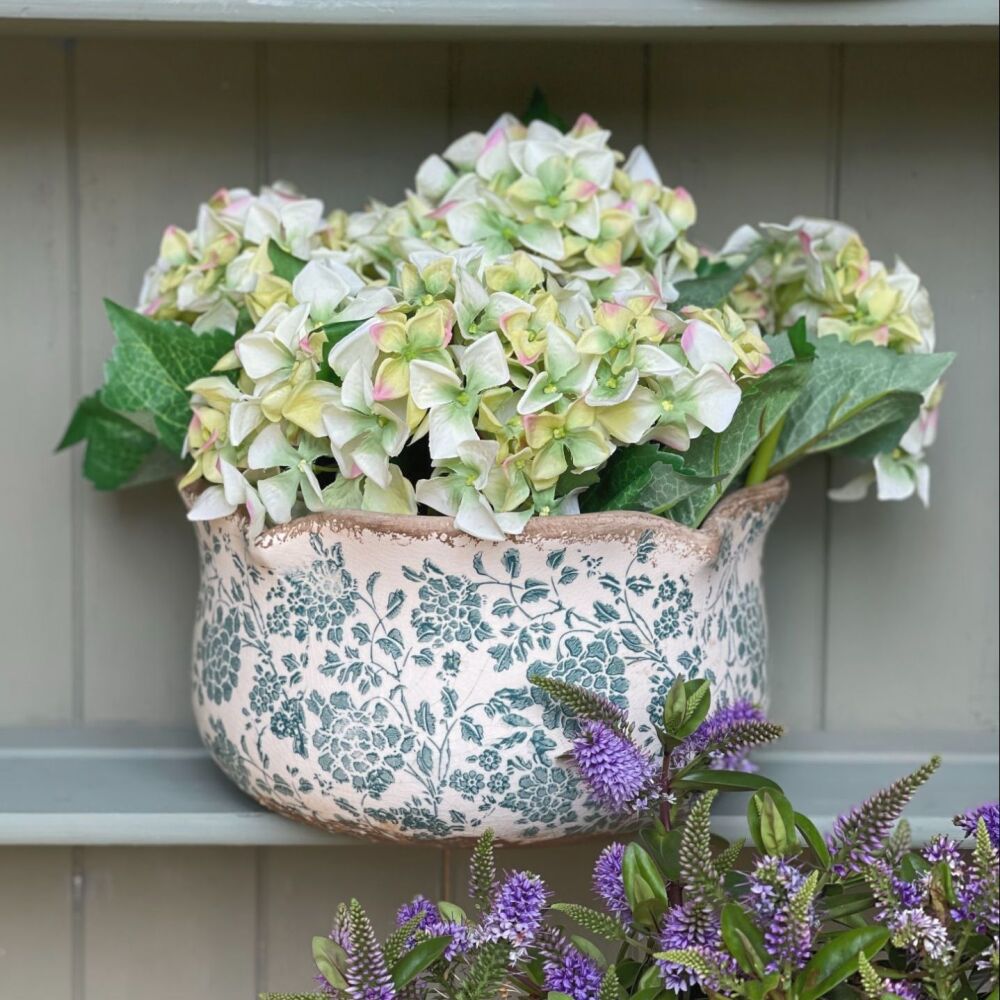 Botanical Floral Scallop Edge Ceramic Plant Pot Planter Sage Green & White 
