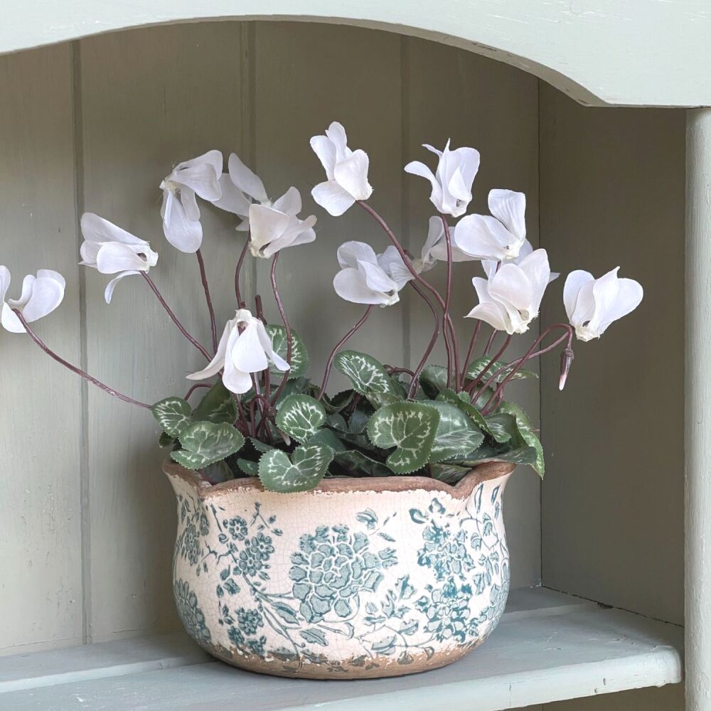 Botanical Floral Scallop Edge Ceramic Plant Pot Planter Green & White - Sma