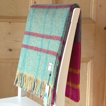 BRONTE by Moon Stormness Shetland Wool Throw / Blanket - Cerise Pink/Mint Green
