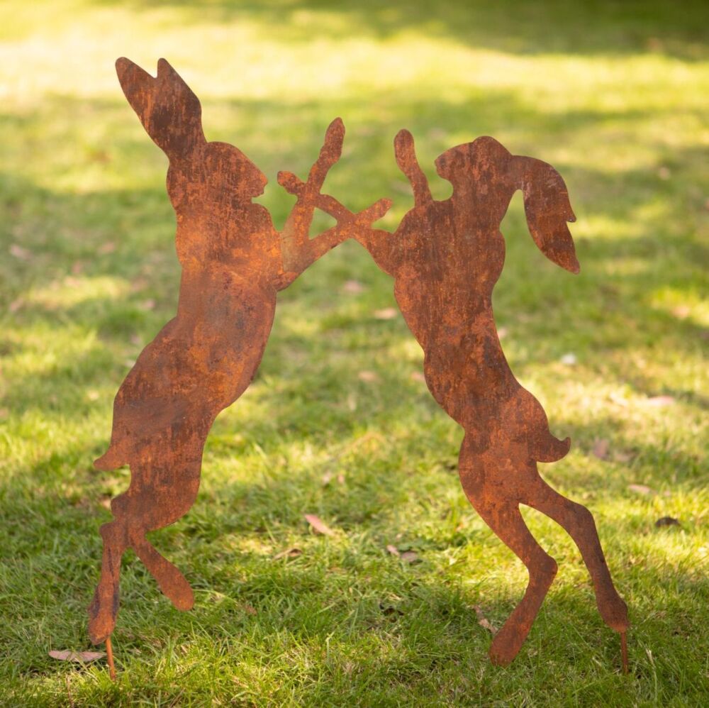 Boxing Hares Rusty Metal Garden Sculpture with Stake