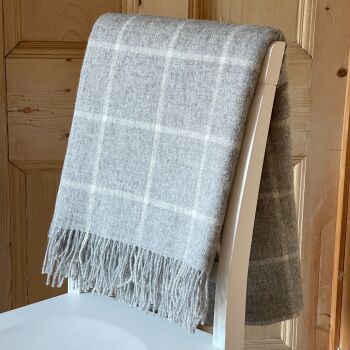 Herringbone Lambswool Natural Grey & Cream Windowpane Pure New Wool Throw Blanket