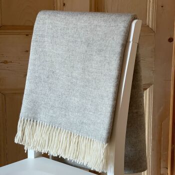 Herringbone Lambswool Silver Grey & Cream Pure New Wool Throw Blanket