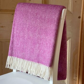 Herringbone Pure New Wool Cerise Pink Throw Blanket