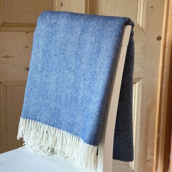 Herringbone Lambswool True Blue & Cream Pure New Wool Throw Blanket