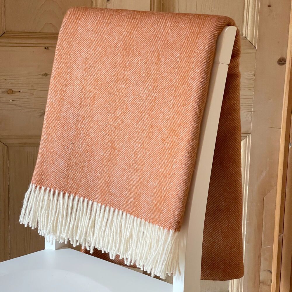 Herringbone Pure New Wool Paprika Orange Throw Blanket