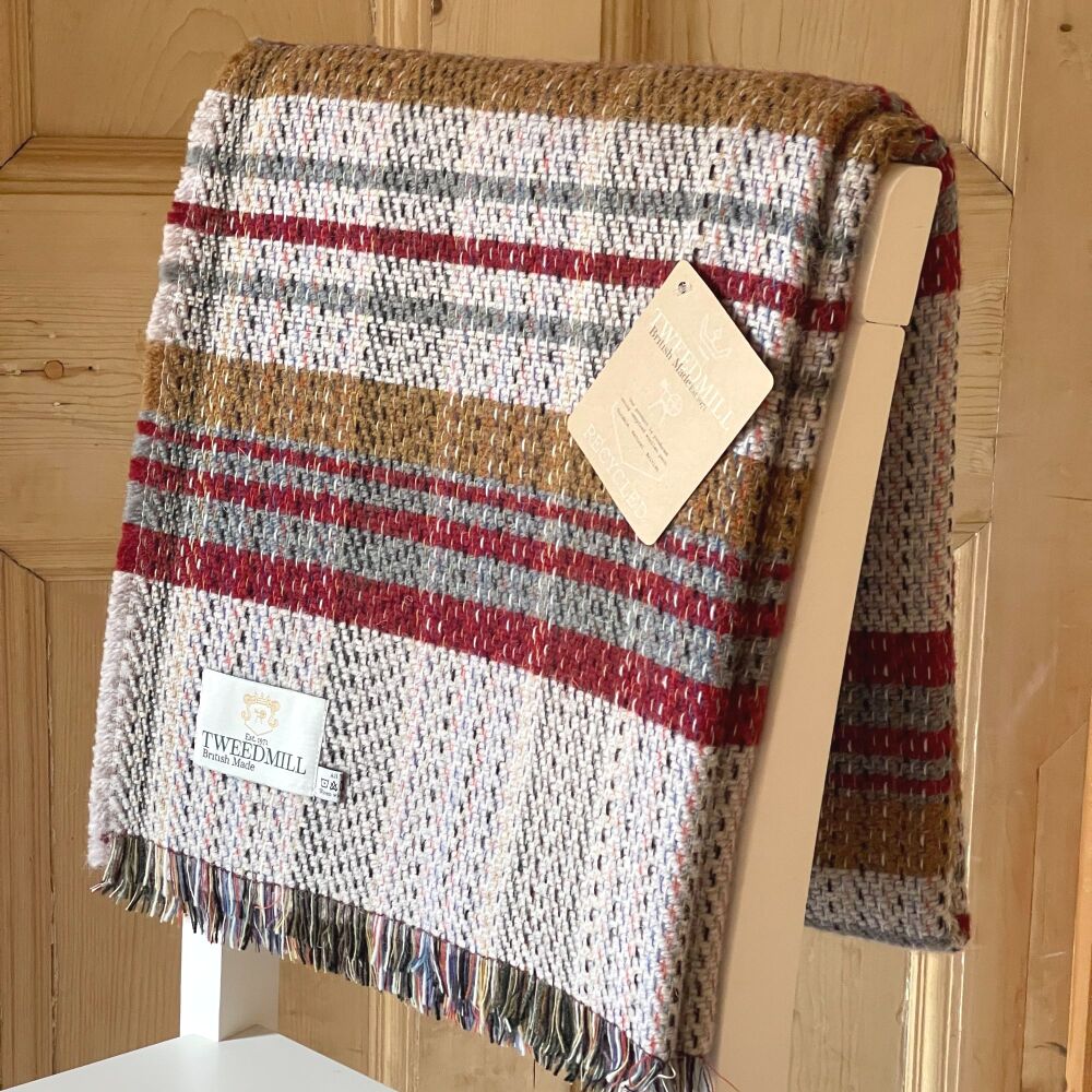 Woollen Recycled LARGE Throw / Blanket / Picnic Rug - Cranberry, Beige & Gr