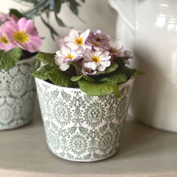 Old Dutch Style Plant Pot in Damask  - Fern Green & White