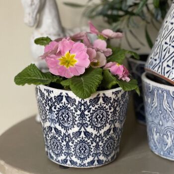 Old Dutch Style Plant Pot in Damask  - Ink Blue & White