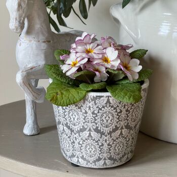 Old Dutch Style Plant Pot in Damask  - Vintage Grey & White
