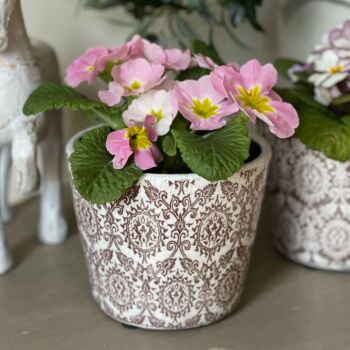 Old Dutch Style Plant Pot in Damask  - Rustic Brown & White