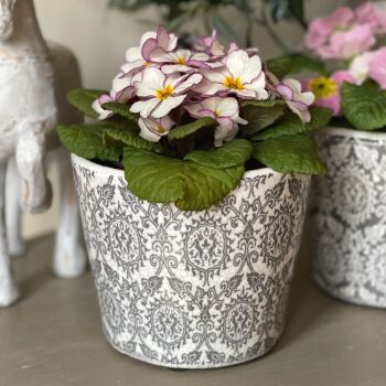 Old Dutch Style Plant Pot in Damask  - Old Grey & White
