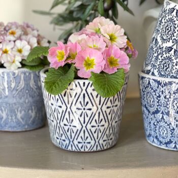 Old Dutch Style Plant Pot Starflower Design - Indigo Blue & White