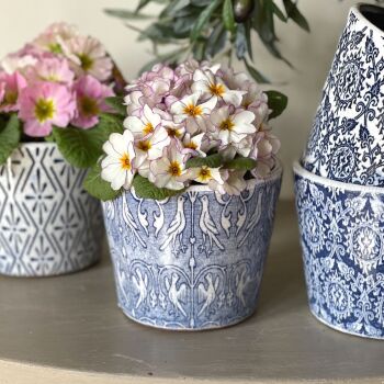 Old Dutch Style Plant Pot Two Doves Design - Pale Blue & White