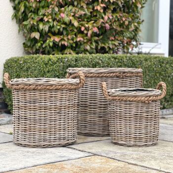 Rattan Wicker Basket Planter / Plant Pot  Round / Rope Handles  - Natural