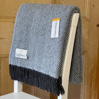 Tweedmill Powder Blue & Charcoal Herringbone Pure New Wool Throw Blanket