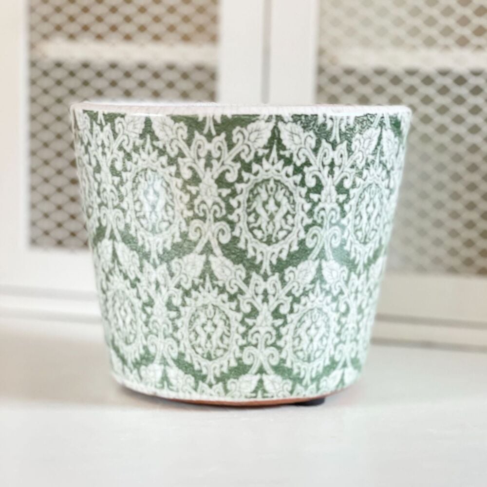 Old Dutch Style Plant Pot in Damask  - Vintage Green & White