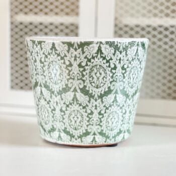 Old Dutch Style Plant Pot in Damask  - Vintage Green & White