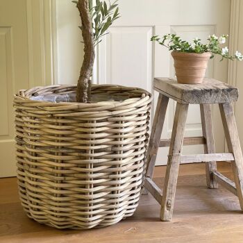 Rattan Wicker Chunky Round Basket Planter / Plant Pot  - Natural -  Large